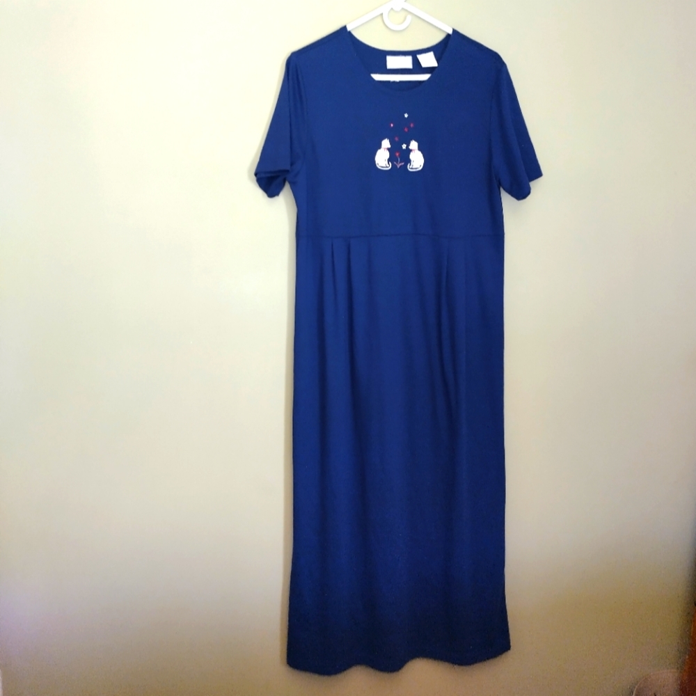 Blair Vintage Navy Blue Cat Embroidered Dress Grandma Core Size Medium